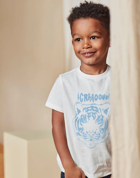 Child boy's ecru and light blue textured tiger t-shirt CAZOTAGE3 / 22E3PGF1TMC001
