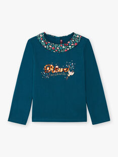 Long sleeve blue duck t-shirt with flower print collar for girls BOLORETTE / 21H2PF92TML714