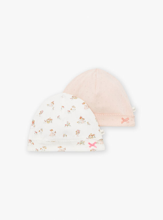2 ecru and pink cotton baby beanies LOREEN / 24H0AF11BNA001