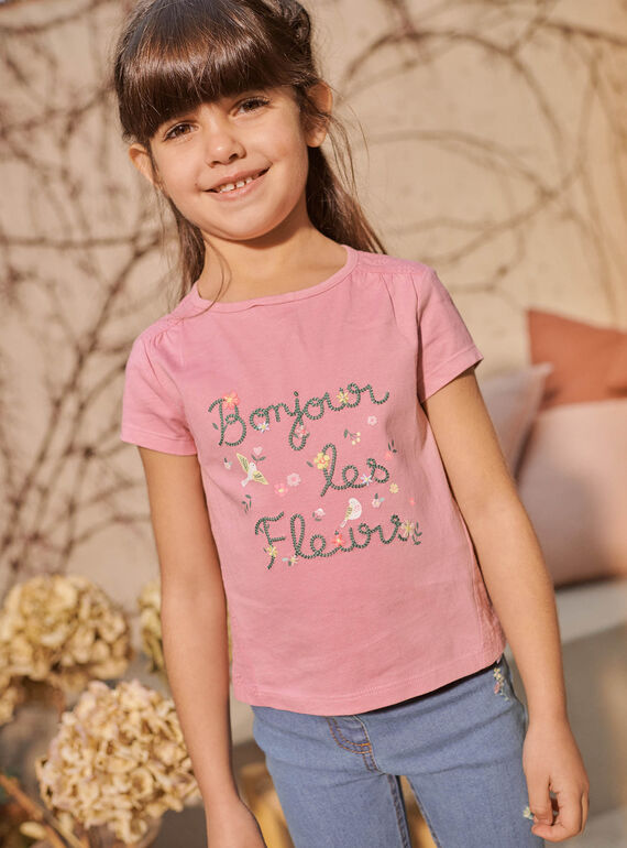 Child girl pink embroidered T-shirt with fancy flower lettering CETIETTE / 22E2PFB1TMC305