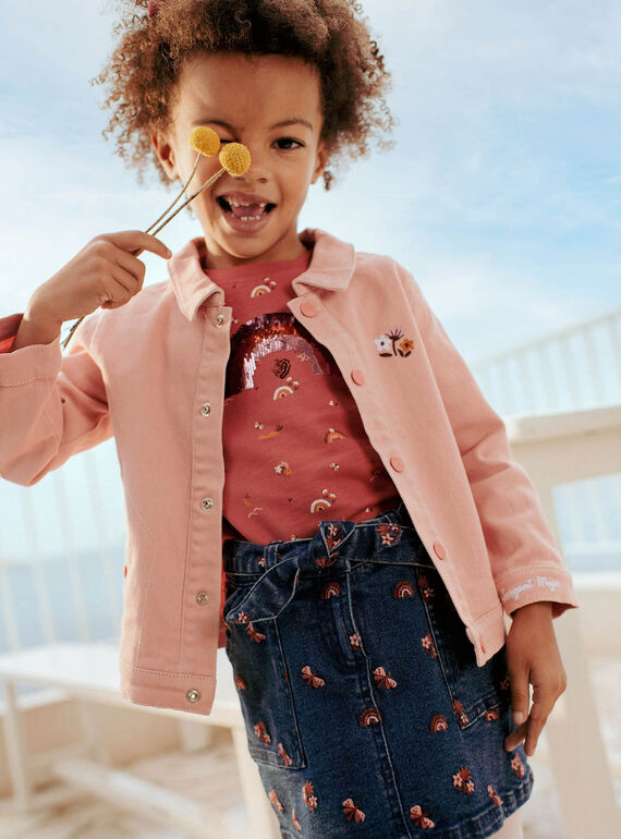 Child girl jacket in powder pink twill with cat and fantasy motifs CLATWETTE / 22E2PFG1VESD327
