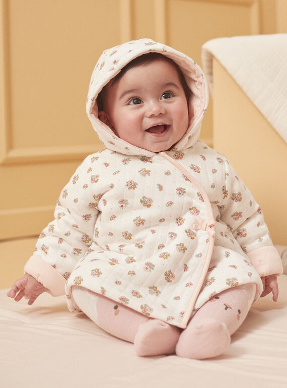 Hooded baby jacket in ecru tubique LOELIA / 24H0CF11VES001