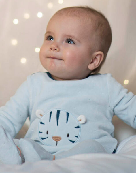 Baby boy light blue velvet romper with tiger design CEFELIX / 22E5BG46GRE213