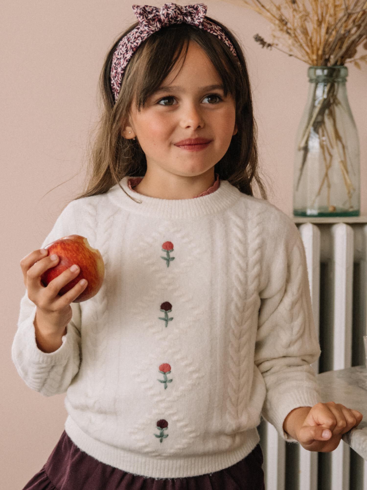 Ecru sweater with flowers and fancy dots