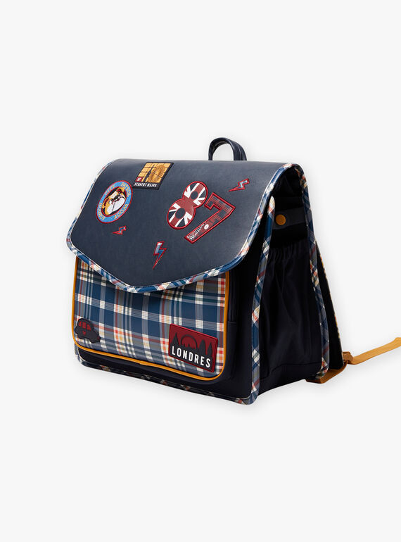 Navy blue satchel with London pattern and checkered print child boy BAZECAGE / 21H4PG52BES070