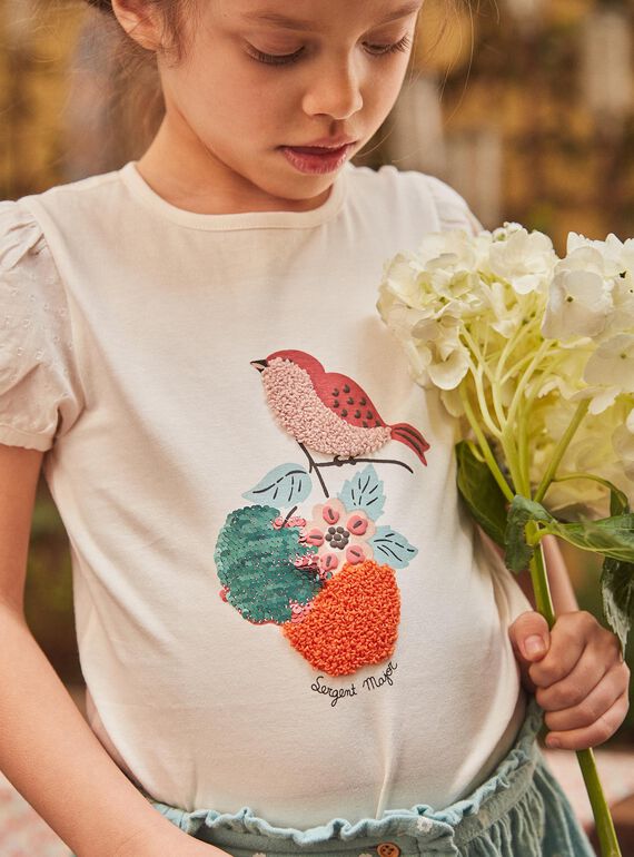 Ivory bi-material t-shirt with bird motif GATIETTE / 23H2PF71TMC005