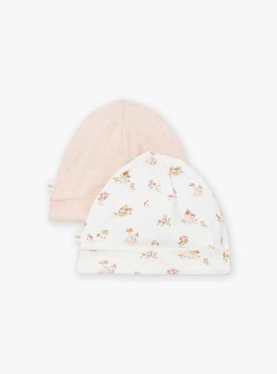2 ecru and pink cotton baby beanies LOREEN / 24H0AF11BNA001