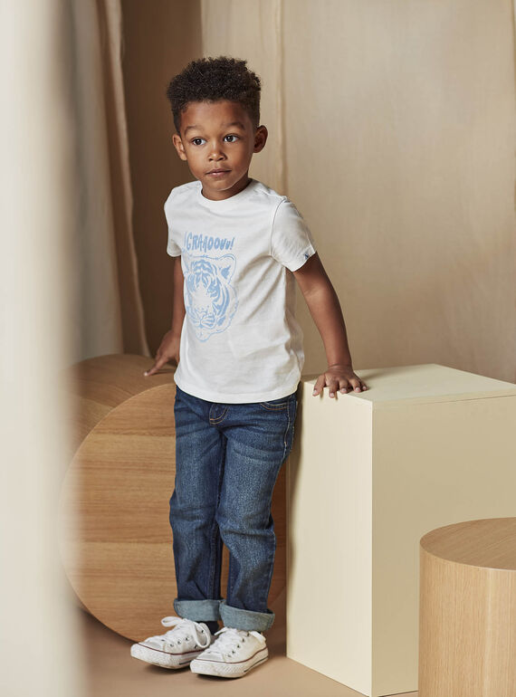Child boy's ecru and light blue textured tiger t-shirt CAZOTAGE3 / 22E3PGF1TMC001