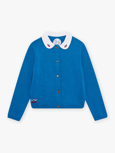 Blue knitted cardigan with embroidered Claudine collar child girl CIMIETTE / 22E2PF81CAR208