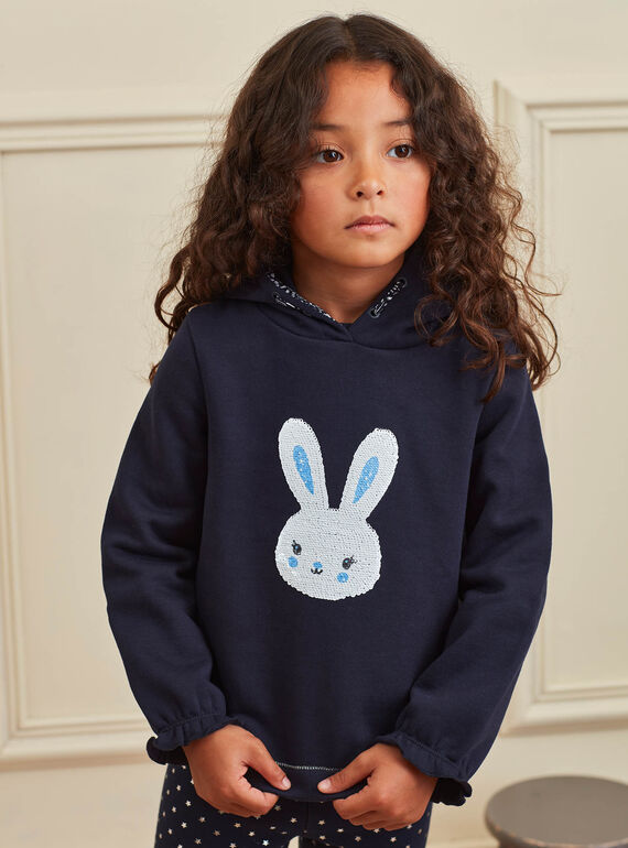 Girl's navy blue reversible sequin sweater with rabbit print BROZOETTE / 21H2PFF1SWE070