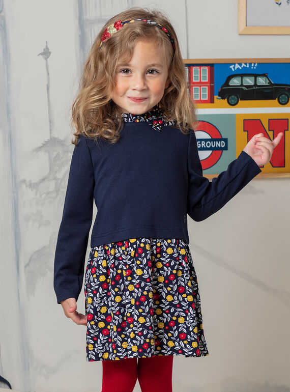 Girl's navy blue floral long sleeve dress BIGLETTE / 21H2PF51ROB070