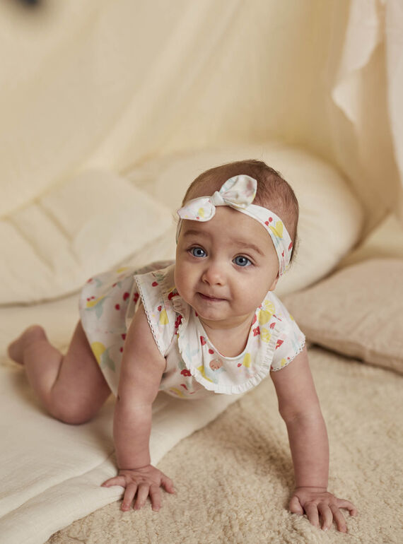 White cotton sateen romper and headband with fruit and flower print, birth girl CONSUELA / 22E0CFI3ENS000