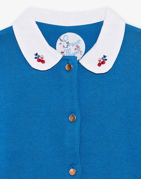 Blue knitted cardigan with embroidered Claudine collar child girl CIMIETTE / 22E2PF81CAR208