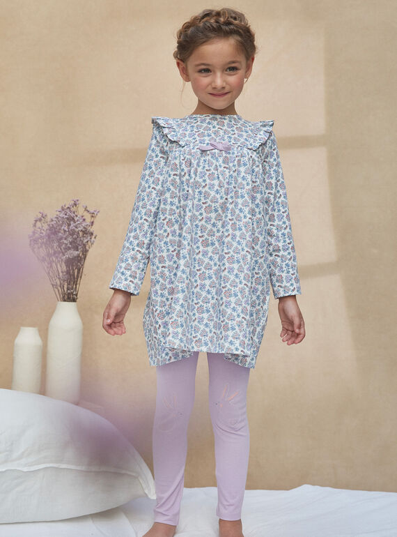 Off-white nightdress with floral print and lilac leggings with rabbit motif KUIVIETTE / 24E5PF52CHN001