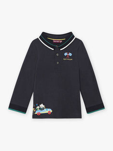 Baby boy blue long sleeve polo shirt with car, badger and flag motifs BAPRESTON / 21H1BGM1POLC228
