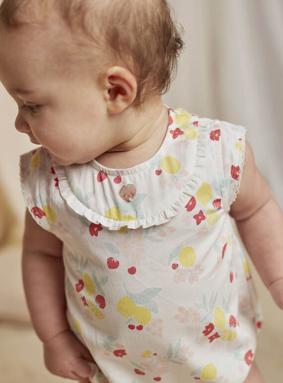 White cotton sateen romper and headband with fruit and flower print, birth girl CONSUELA / 22E0CFI3ENS000