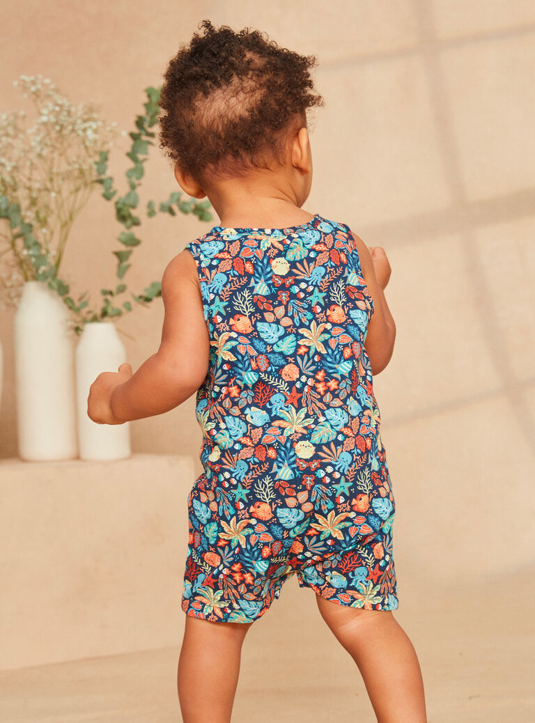Navy blue poplin playsuit with multicoloured leaves and fish print Navy blue poplin playsuit with multicoloured leaves and fish print KAYANIS / 24E1BGS1CBL070