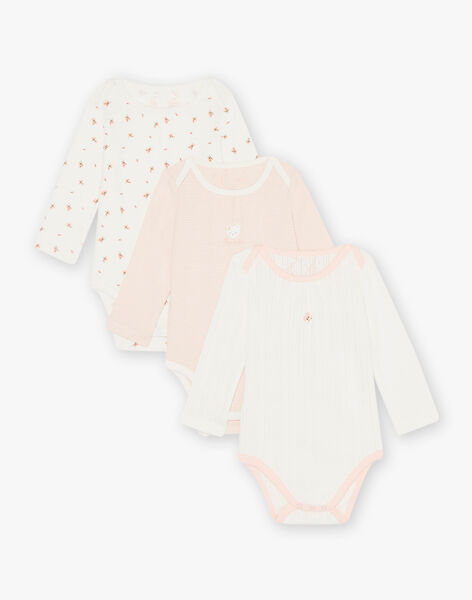 Set of 3 assorted organic cotton baby girl bodysuits in light pink and ecru CELILA / 22E5BFD2BDL001