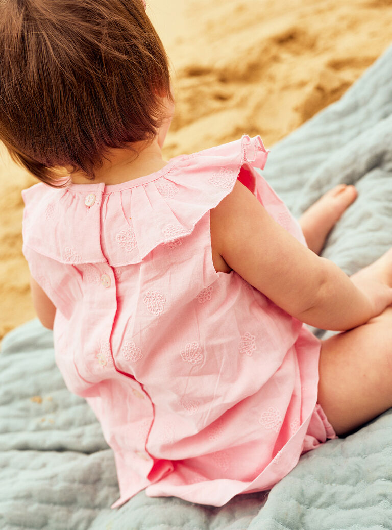 Baby girl pink poplin dress with shell embroidery and bloomer CASOLEIL / 22E1BFN1ROBD315