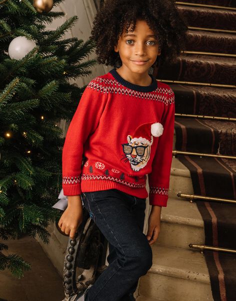 Red Christmas sweater with tiger design DOPULAGE / 22H3PG91PULF528
