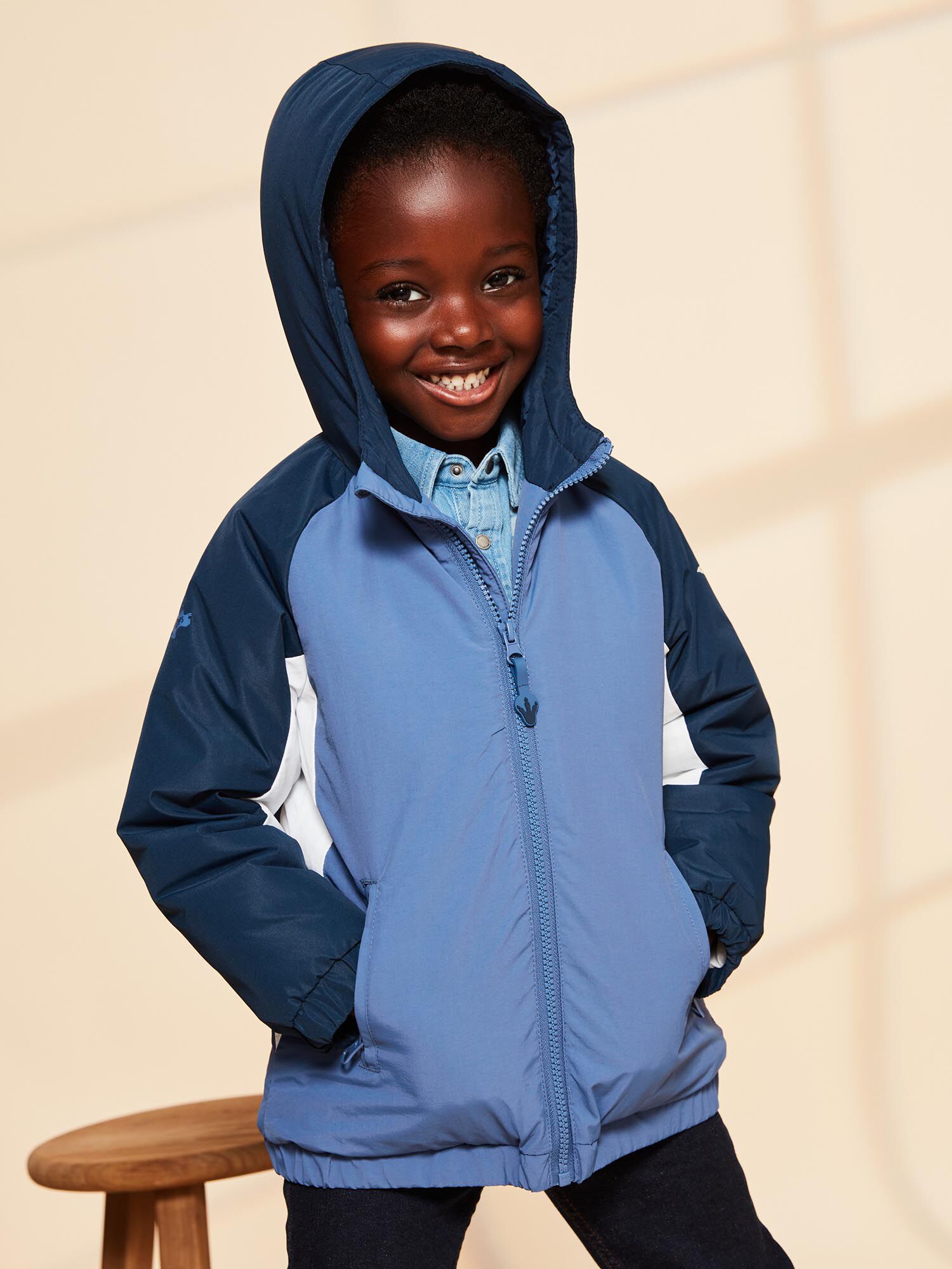 Blue jacket with grey hood top