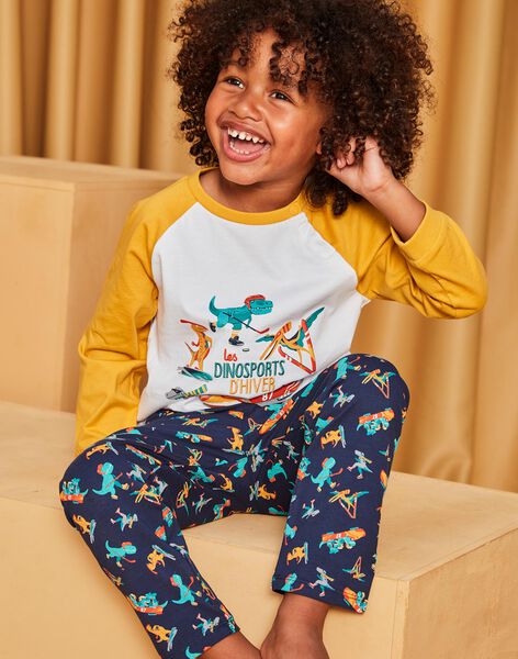 Yellow and navy blue jersey pajamas with sporty dinosaurs print DEDINAGE / 22H5PG22PYJ001