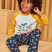 Yellow and navy blue jersey pajamas with sporty dinosaurs print