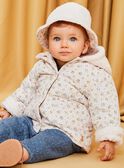 Light pink hooded coat with floral print and synthetic fur