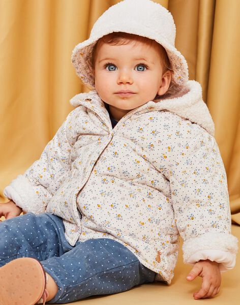Light pink hooded coat with floral print and synthetic fur DIPENNY / 22H1BFM1MAND319