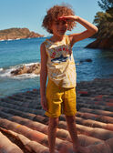 Mustard shorts with multicoloured shark fin embroideries KLOMUAGE / 24E3PGS1BERB107
