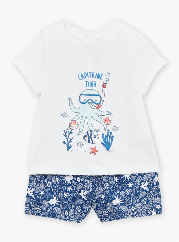 Navy blue poplin playsuit with multicoloured leaves and fish print KAYANIS / 24E1BGS1CBL070