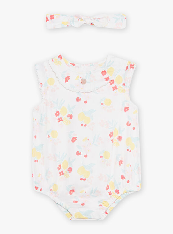 White cotton sateen romper and headband with fruit and flower print, birth girl CONSUELA / 22E0CFI3ENS000