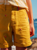 Mustard shorts with multicoloured shark fin embroideries KLOMUAGE / 24E3PGS1BERB107