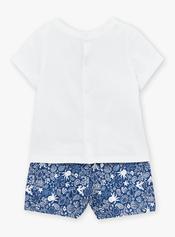 Navy blue poplin playsuit with multicoloured leaves and fish print KAYANIS / 24E1BGS1CBL070