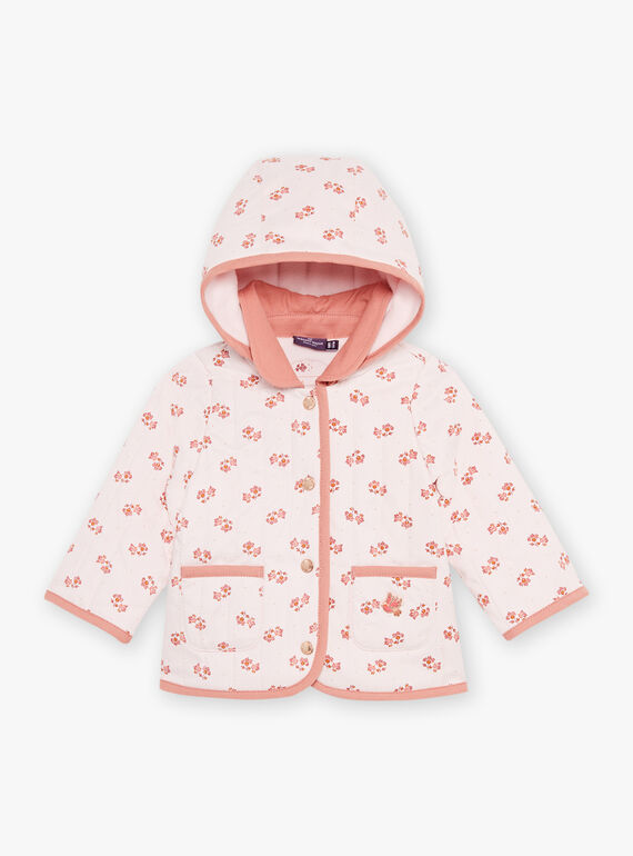Pale pink quilted hooded coat with flower print. FIMARIE / 23E1BF51VESD319