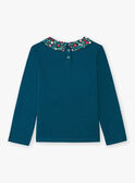 Long sleeve blue duck t-shirt with flower print collar for girls BOLORETTE / 21H2PF92TML714