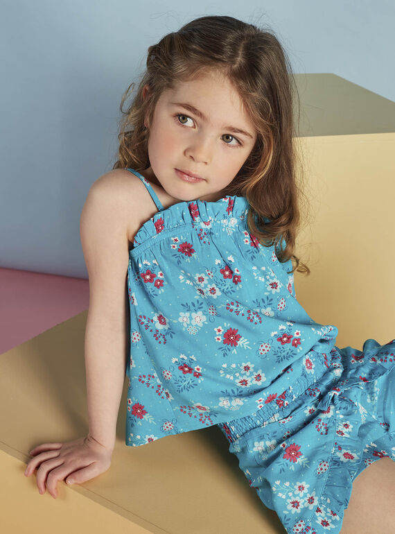 Child girl turquoise tank top with flower and turtle print CAUDEBETTE 2 / 22E2PFT2DEB202
