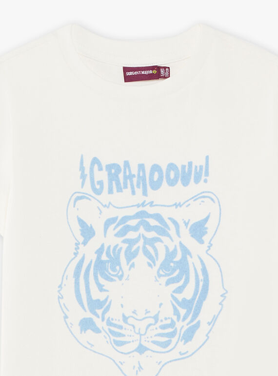 Child boy's ecru and light blue textured tiger t-shirt CAZOTAGE3 / 22E3PGF1TMC001