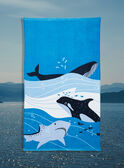 Blue bath towel with orca, shark and whale motifs KLUPAGE / 24E4PGG1SRV216