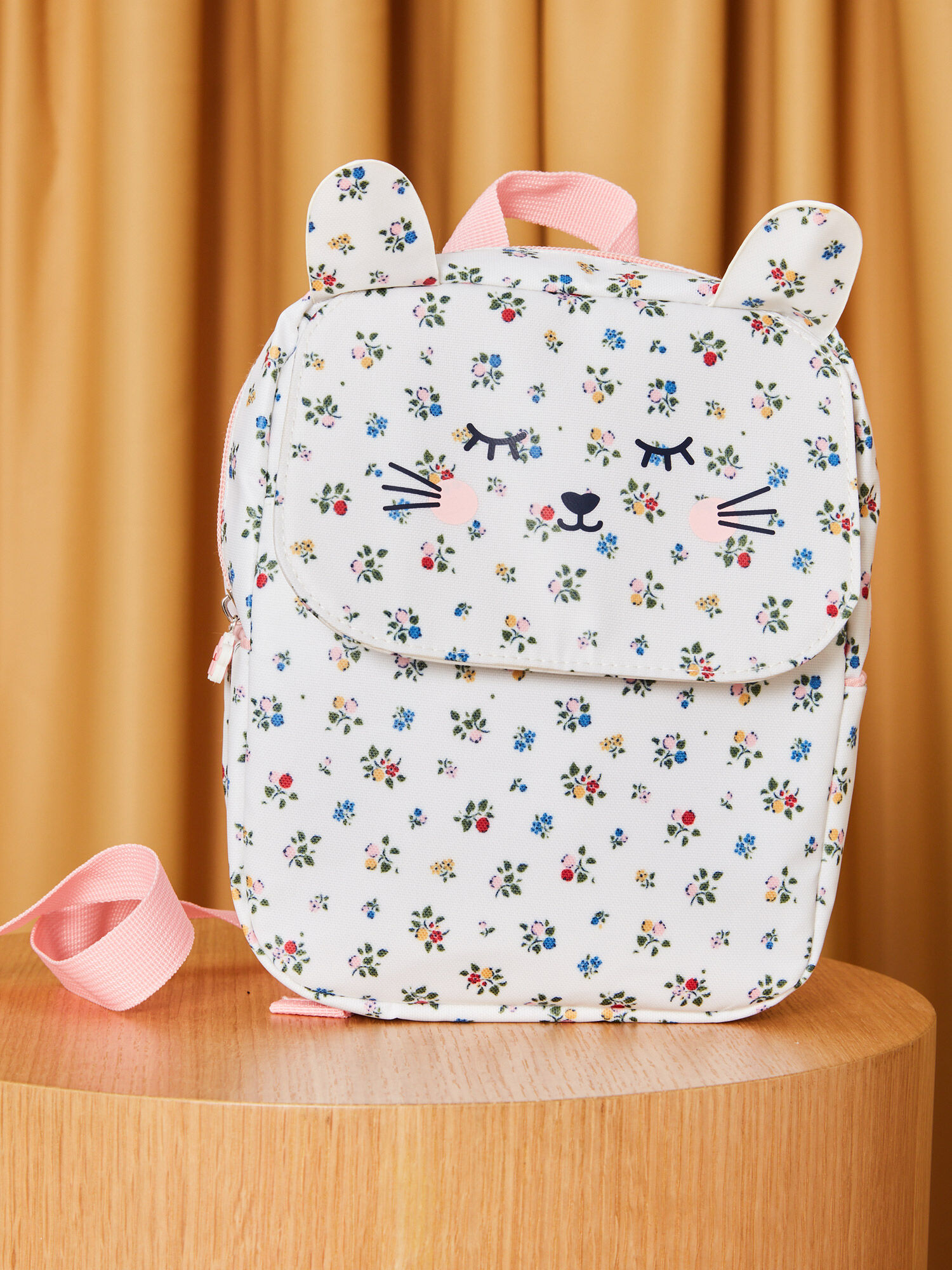 Canvas backpack with floral print and rabbit animation