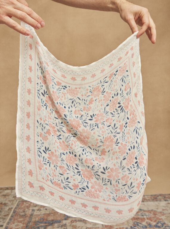 Ecru and pink floral print scarf GIBEAUTE / 23H4BF41ECH001