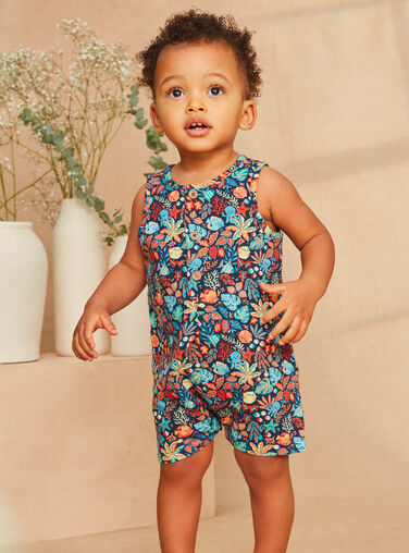 Navy blue poplin playsuit with multicoloured leaves and fish print Navy blue poplin playsuit with multicoloured leaves and fish print KAYANIS / 24E1BGS1CBL070