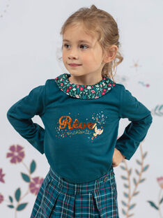 Long sleeve blue duck t-shirt with flower print collar for girls BOLORETTE / 21H2PF92TML714