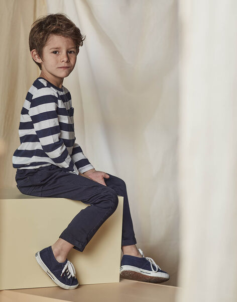 Child boy's ecru and navy blue striped t-shirt with pocket CAXIOLAGE1 / 22E3PGF2TML705