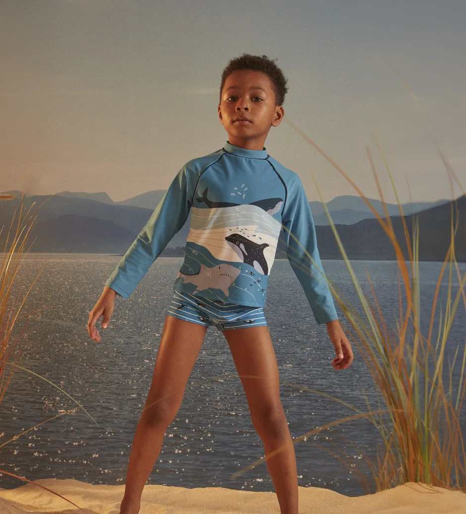 Sergent Major - UV protection+50 swim t-shirt with shark, orca and whale motifs