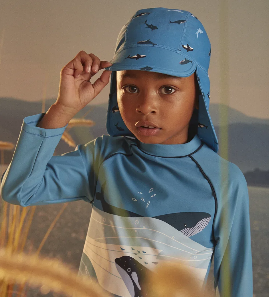 Sergent Major - Blue UV protection +50 hat with orca, shark and whale print